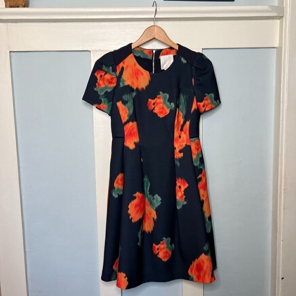 Anthropologie Magnin Navy & Orange Floral Dress